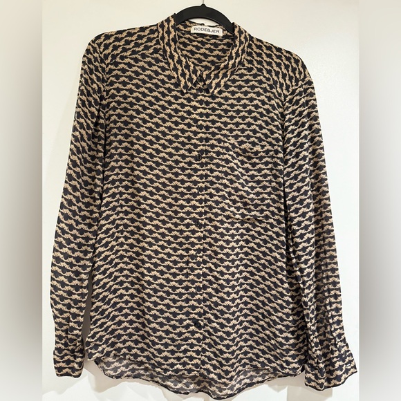 Rodebjer size small viscose insect print button down blouse in blue and tan - Picture 1 of 4